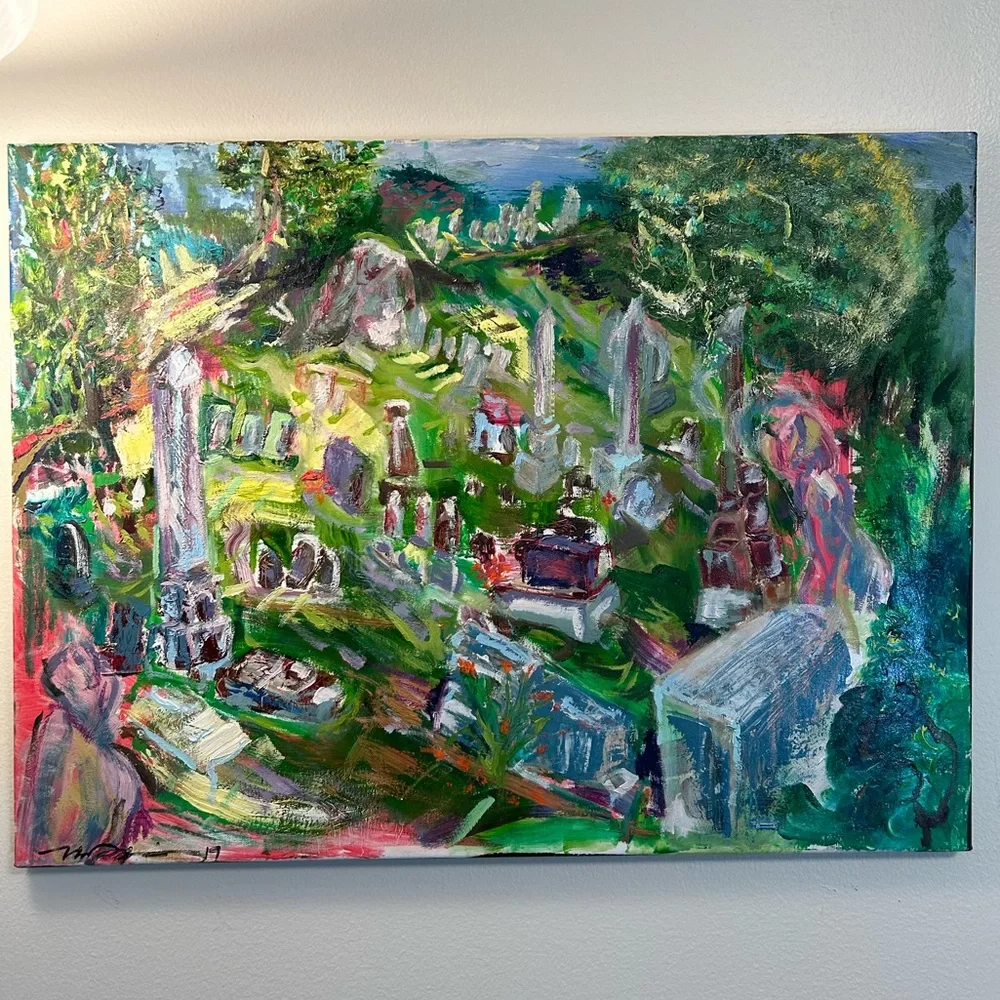 Original oil painting abstract landscape surrealism graveyard portrait signed - Picture 3 of 5